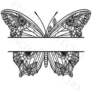 Peut inclure: Dessin de papillon noir et blanc avec des détails floraux. Le papillon est divisé en deux sections avec une ligne horizontale au milieu. Les ailes et le corps sont finement détaillés avec des lignes et des motifs floraux.