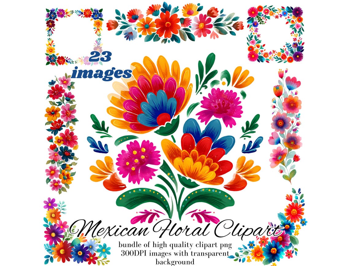 Mexican Fiesta Flowers Clipart Bundle - 23 Images Watercolor Otomi ...