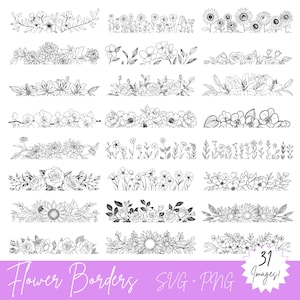 Floral Borders SVG & PNG Bundle - 31 Wildblumen Bilder, 62 Dateien insgesamt - Reihen von Blumen, Split Monogramm svg, Zarte Blumen Keine Linie