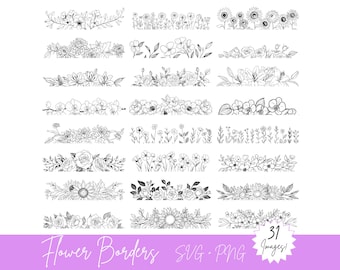 Floral Borders SVG & PNG Bundle - 31 Wild Flower Images, 62 Total Files - Rows of Flowers, Split Monogram Svg, Delicate Floral No Line