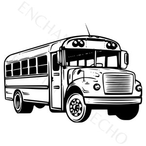 May include: A black and white illustration of a school bus. The bus has a large windshield, a rectangular body, and a set of wheels.