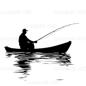 Pode incluir: Silhueta de uma pessoa pescando de um barco em um corpo de água. A pessoa está sentada no barco com uma vara de pesca na mão. O barco está se movendo pela água, deixando um rastro atrás.