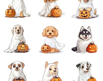 Pacchetto Cani Fantasma, PNG di cani spettrali, 15 immagini di cuccioli in costume di Halloween