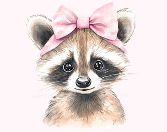 Pink Bow Baby Raccoon PNG - Coquette Girl Raccoon Sublimation, Trash Panda Clipart (Digital Download)