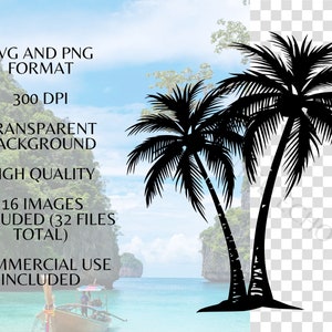 K&ouml;nnte beinhalten: Schwarze Silhouette von zwei Palmen vor einem tropischen Inselhintergrund. Das Bild enth&auml;lt den Text "SVG and PNG FORMAT", "300 DPI", "TRANSPARENT BACKGROUND", "HIGH QUALITY", "16 IMAGES INCLUDED (32 FILES TOTAL)" und "COMMERCIAL USE INCLUDED".