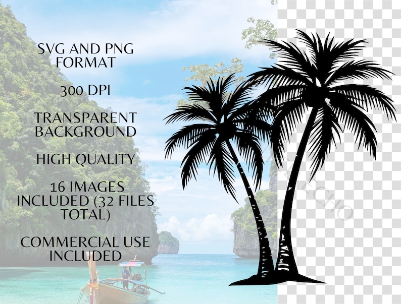 K&ouml;nnte beinhalten: Schwarze Silhouette von zwei Palmen vor einem tropischen Inselhintergrund. Das Bild enth&auml;lt den Text "SVG and PNG FORMAT", "300 DPI", "TRANSPARENT BACKGROUND", "HIGH QUALITY", "16 IMAGES INCLUDED (32 FILES TOTAL)" und "COMMERCIAL USE INCLUDED".