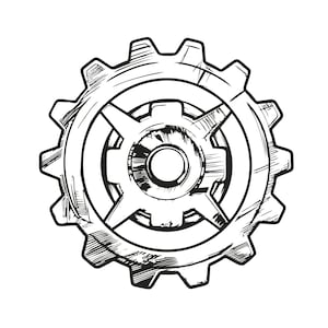 May include: A monochrome illustration of a gear. The gear features a circular design with numerous teeth along its perimeter. Within the gear, there are further circular and cross-shaped design elements. The image has a sketched, hand-drawn aesthetic.