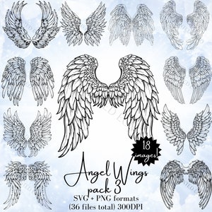 May include: A set of 18 black and white angel wing illustrations. The wings are drawn in a detailed, realistic style. The text "Angel Wings Pack 3" is visible at the bottom of the image.  SVG + PNG formats (36 files total) 300DPI.