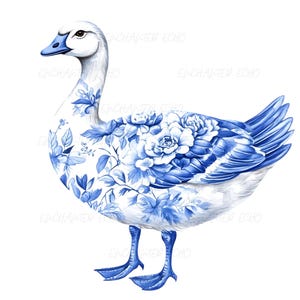 Chinoiserie Duck Goose png Blauwe chinoiserie-gans png Coquette Duck png Leuke chinoiserie-sublimatie grappige eend png Blauw eendje png PNGEgg