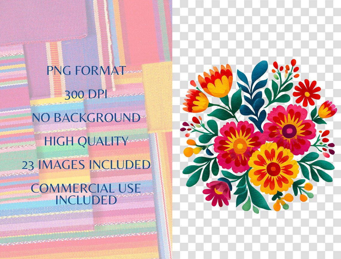 Mexican Fiesta Flowers Clipart Bundle - 23 Images Watercolor Otomi ...