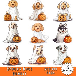 Cute Ghost Dog Png Bundle, Spooky Dogs Png, 15 Halloween Dog Images, Dog Halloween Costume Clipart Bundle, Spooky Season Png, Commercial Use