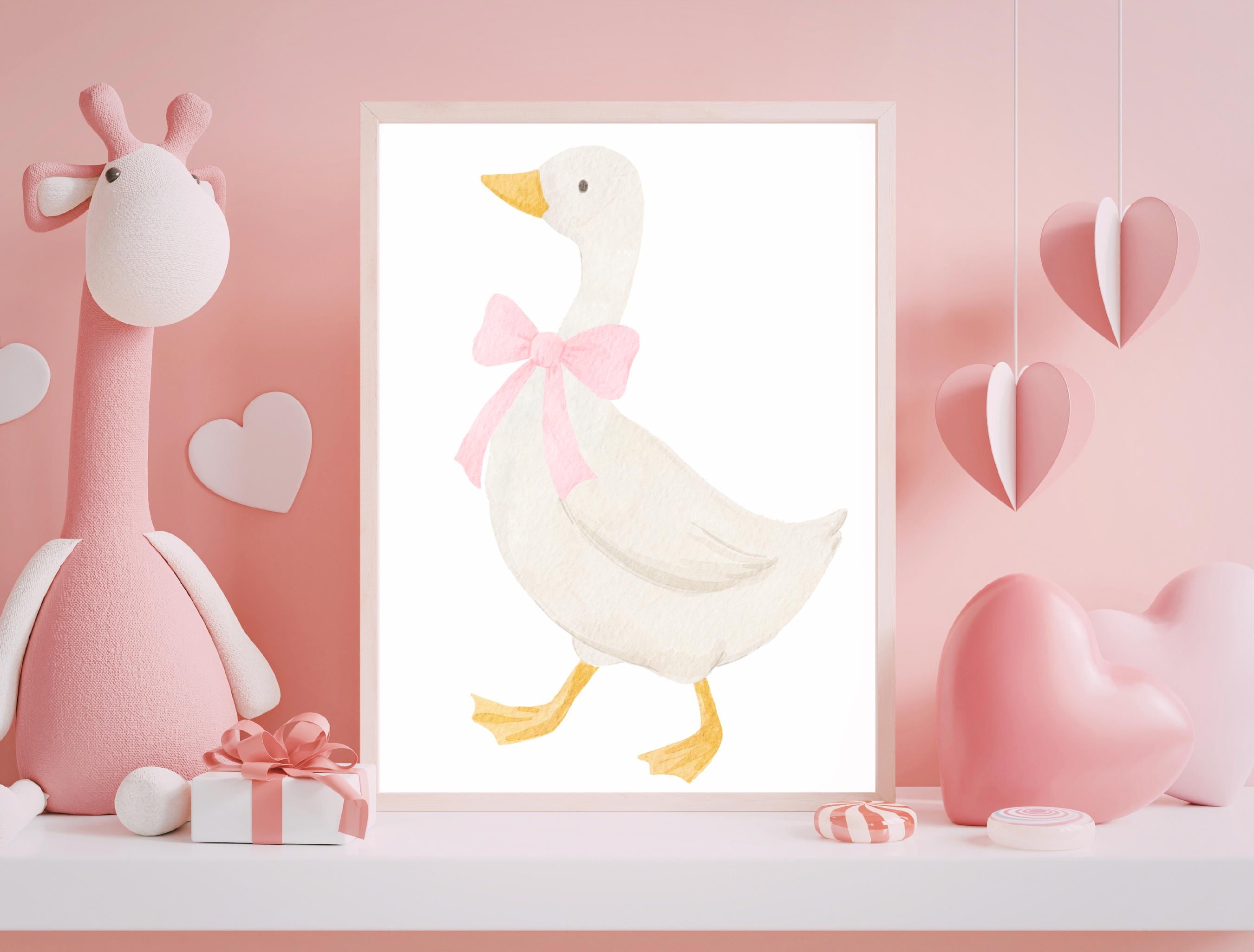 Pink Bow Silly Goose PNG Coquette Nursery Decor Watercolor Goose Baby ...