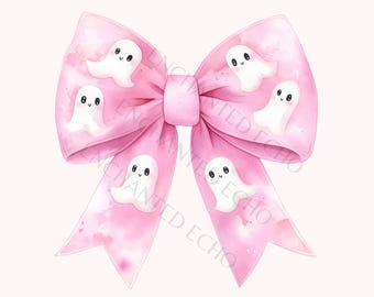 Pink Ghost Bow PNG – Watercolor Spooky Halloween Coquette Ribbon Clipart