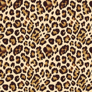 May include: A seamless pattern featuring a leopard print design. The pattern consists of brown and dark brown spots on a beige background. The spots vary in size and shape, creating a natural and textured appearance.