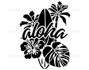 Könnte beinhalten: Schwarz-weiß Grafik mit dem Wort "Aloha" in Schreibschrift, einem Surfbrett, tropischen Blumen, Palmen und einem großen Blatt. Das Design ist eine Silhouette, passend für ein Strandthema.