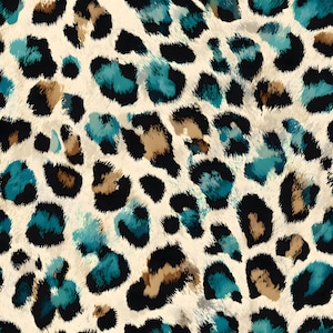 Può includere: Motivo leopardato senza cuciture. Il motivo presenta macchie nere, verde acqua e marroni su uno sfondo color crema. Il motivo si ripete sulla superficie, creando un effetto strutturato.