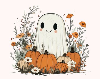 Cottagecore Fall Ghost PNG, Spooky Halloween Pumpkins and Wildflowers Clipart Sublimation (Digital Download)