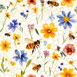 May include: A watercolour pattern of bees and flowers in shades of yellow, orange, blue, pink, and purple. The flowers are scattered across a white background with a honeycomb design.