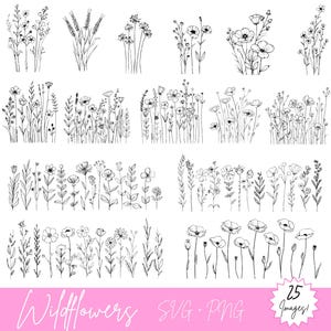 Pacote SVG e PNG de bordas de flores silvestres - 25 imagens de flores silvestres, 50 arquivos no total - fileiras de flores silvestres, contorno fino, esboços florais delicados