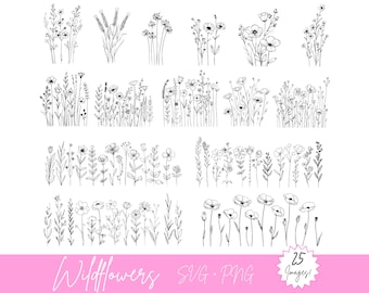 May include: A set of 25 black and white line drawings of wildflowers. The drawings are simple and elegant, and they would be perfect for use in a variety of projects, such as greeting cards, invitations, and scrapbooking.