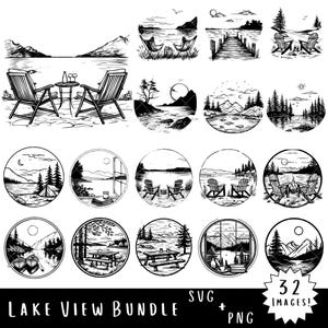 Pacchetto SVG e PNG Lake View - 32 immagini di paesaggi lacustri incluse, 64 file totali - Lake Life Svg, Mountain Lake Scene Png, Lake View Clipart
