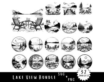 May include: A set of 12 black and white illustrations featuring lake views with various scenes, including a couple of chairs, a campfire, a tent, and a cabin. The illustrations are perfect for creating digital or printed designs.