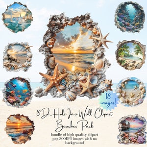 Praia Sonhos Clipart Pacote Praias 3D Crack in Wall PNGs Alta Qualidade Praia Pngs Férias Tropicais Areia Conchas Uso Comercial Clipart
