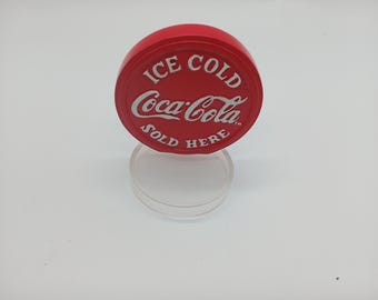 Coca Cola 3.5 inches tall button plastic "Ice Cold Coca Cola Sold Here" sign