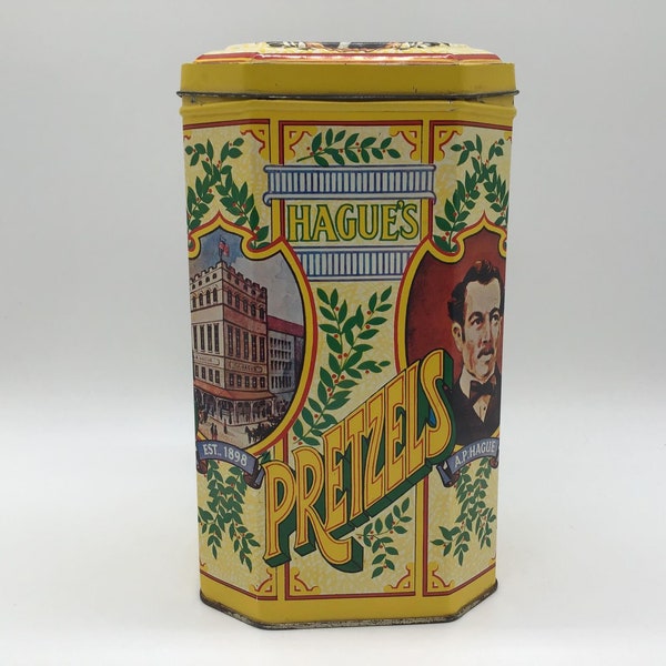 Vintage Hague's Pretzels Tin Kitchen Canisther 9 inches talll