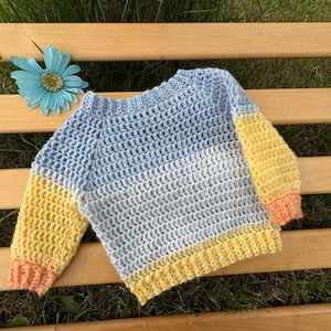 Hand Crocheted Baby Pullover Sweater 0-3 Months Blue and Yellow