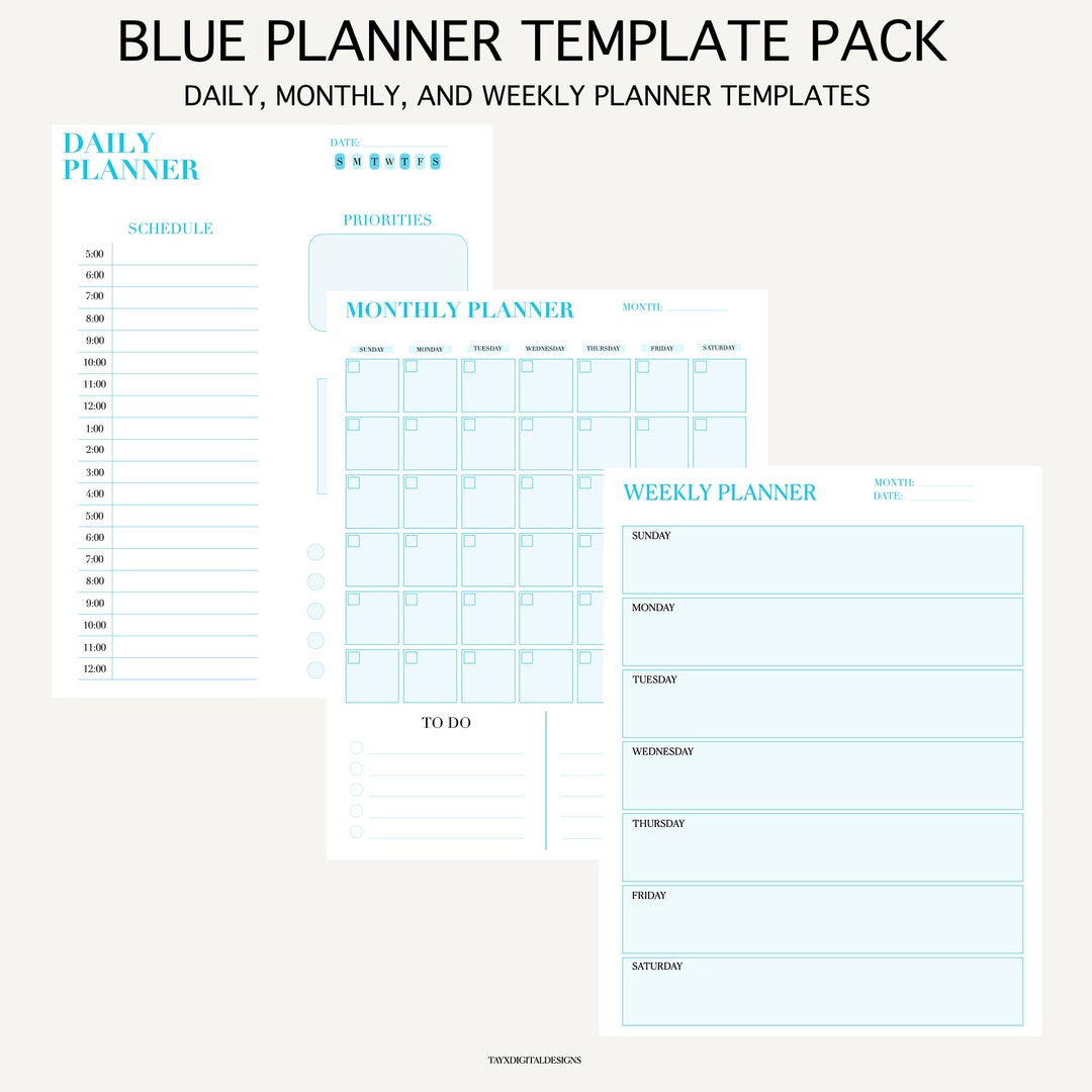 Daily, Weekly, Monthly Planner Template Pack in Blue! Task Tracker ...