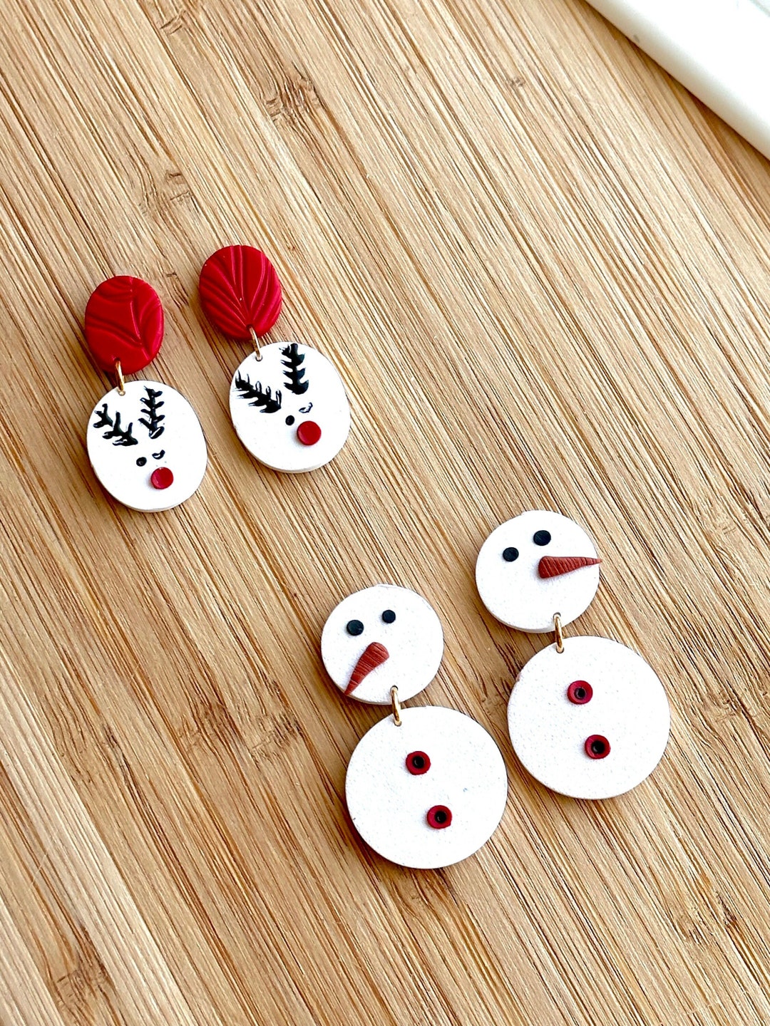 Christmas Theme Earrings Snowman and Deer Earrings Handmade Polymer