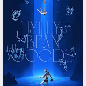 May include: Digital art illustration with a blue and white color scheme. The image features figures in a surreal setting, with the text "JYLLY BEAN WOODS" in the center. Additional abstract shapes and figures are scattered throughout the scene.