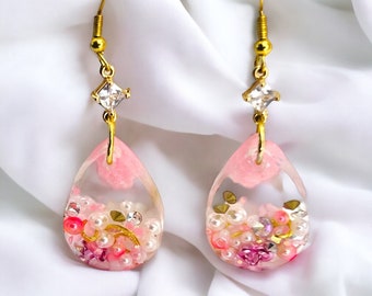 long, pink elegant 1 of a kind droplet , resin earrings , perfect for a bridal party gift or gift for her on her special day