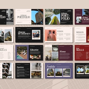 Puede incluir: Un conjunto de diapositivas de portafolio de arquitectura con varios diseños e imágenes. Las diapositivas presentan texto como "Architecture Portfolio", "Hi there! I'M BORIS" y "About me MY JOURNEY!". La paleta de colores incluye negro, blanco y burdeos.