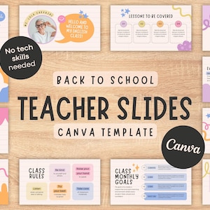 May include: A collection of teacher slides templates for the classroom, with the text "Back to School Teacher Slides Canva Template". The slides include topics like homework, class rules, and welcome messages. The design is colorful and includes the Canva logo.