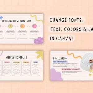May include: A digital presentation template with a light peach background. The design includes sections for lessons, a weekly schedule, and evaluation. Text in the image says "Change Fonts, Text, Colors & Layout in Canva!"