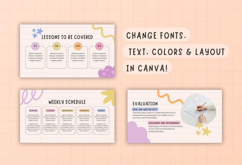 May include: A digital presentation template with a light peach background. The design includes sections for lessons, a weekly schedule, and evaluation. Text in the image says "Change Fonts, Text, Colors & Layout in Canva!"