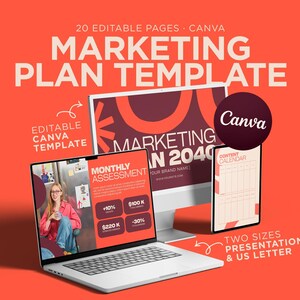 May include: A digital marketing plan template for Canva featuring 20 editable pages. The display shows a laptop, a desktop monitor, and a tablet screen with text including Marketing Plan Template, Monthly Assessment, and Content Calendar.