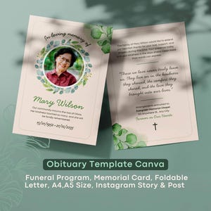 Może przedstawiać: Złożona karta pamiątkowa ze zdjęciem Mary Wilson, otoczona kwiatowym wieńcem. Karta zawiera daty, cytat i krzyż. Tekst brzmi "We wspomnieniach" i "Szablon nekrologu Canva".