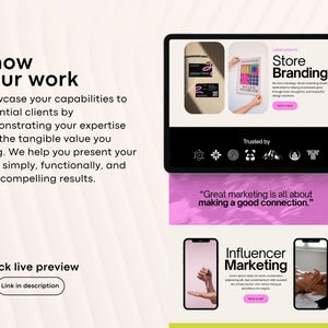 May include: A digital marketing presentation on a tablet and two smartphones. The tablet displays store branding examples. The smartphones showcase influencer marketing. The text reads "Show your work" and "Great marketing is all about making a good connection."