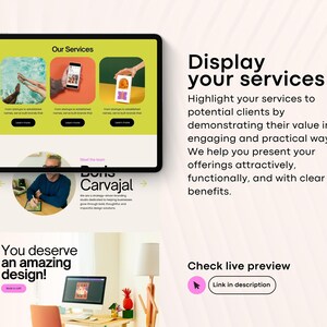 May include: A digital tablet displays a website showcasing services with images and text. The screen features the text "Our Services" and "You deserve an amazing design!" The image also includes the text "Display your services" and "Check live preview."