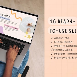 May include: A laptop displaying presentation slides with the text "Evaluation" and "Statworks and Assignments." The image also includes the text "16 Ready-to-Use Slides:" with a list of topics. A person's hands are typing on the keyboard.