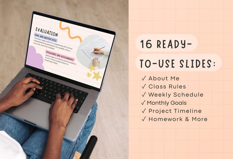 May include: A laptop displaying presentation slides with the text "Evaluation" and "Statworks and Assignments." The image also includes the text "16 Ready-to-Use Slides:" with a list of topics. A person's hands are typing on the keyboard.