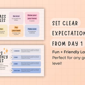 May include: Classroom posters with the text "Class Rules" and "Class Monthly Goals." The "Class Rules" poster includes phrases like "Be kind" and "Raise your hand." The "Class Monthly Goals" poster has sections for learning and fun. The text "Set Clear Expectations From Day 1" is also visible.