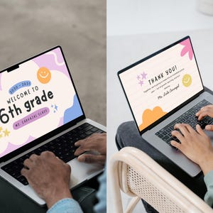 May include: Two laptops displaying colorful graphics. One screen reads "Welcome to 6th grade" with a smiley face and stars. The other says "Thank You!" with a smiley face and stars. Both laptops are open, with hands typing on the keyboards.