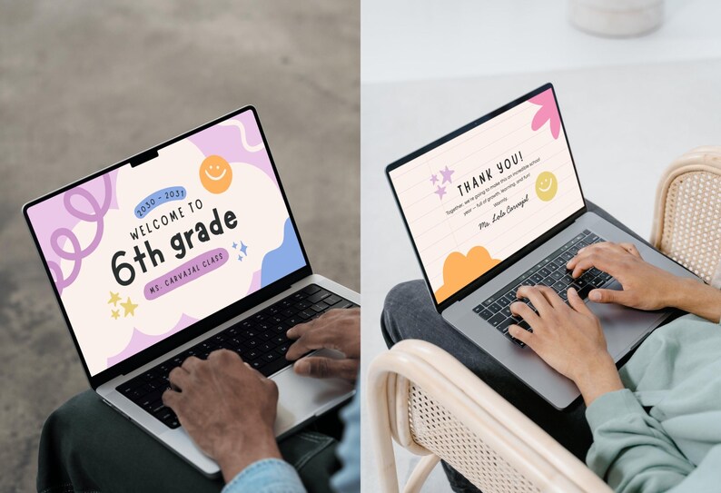 May include: Two laptops displaying colorful graphics. One screen reads "Welcome to 6th grade" with a smiley face and stars. The other says "Thank You!" with a smiley face and stars. Both laptops are open, with hands typing on the keyboards.