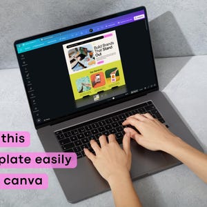 May include: A laptop displaying a webpage with the text "Build Brands That Stand Out" and "Our Services." The screen shows a design template with images and text. The text "Edit this template easily with canva" is displayed in a pink box.