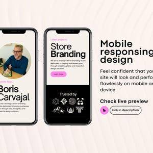 May include: Two smartphones displaying website designs. One screen shows a man and the text "Boris Carvajal". The other screen shows "Store Branding" and a black background. Text on the right says "Mobile responsing design".