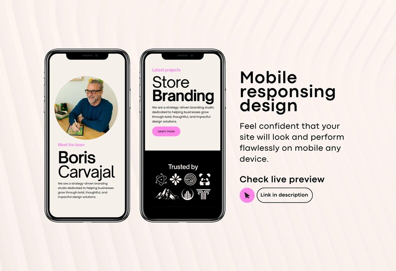 May include: Two smartphones displaying website designs. One screen shows a man and the text "Boris Carvajal". The other screen shows "Store Branding" and a black background. Text on the right says "Mobile responsing design".
